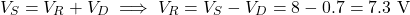 \[V_S = V_R + V_D \implies V_R = V_S - V_D = 8 - 0.7 = 7.3 \text{ V}\]