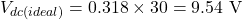 \[V_{dc(ideal)} = 0.318 \times 30 = 9.54 \text{ V}\]