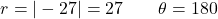 \[r = |-27| = 27 \qquad \theta = 180°\]