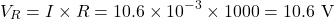 \[V_R = I \times R = 10.6 \times 10^{-3} \times 1000 = 10.6 \text{ V}\]