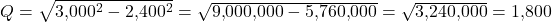 Q = \sqrt{3{,}000^2 - 2{,}400^2} = \sqrt{9{,}000{,}000 - 5{,}760{,}000} = \sqrt{3{,}240{,}000} = 1{,}800