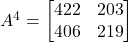 A^4 = \begin{bmatrix}422&203\\406&219\end{bmatrix}