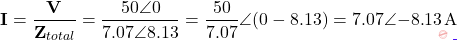 \[\mathbf{I} = \dfrac{\mathbf{V}}{\mathbf{Z}_{total}} = \dfrac{50\angle 0°}{7.07\angle 8.13°} = \dfrac{50}{7.07}\angle(0° - 8.13°) = 7.07\angle{-8.13°}\,\text{A}\]