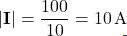 \[|\mathbf{I}| = \dfrac{100}{10} = 10\,\text{A}\]