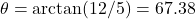 \theta = \arctan(12/5) = 67.38°