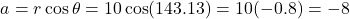 \[a = r\cos\theta = 10\cos(143.13°) = 10(-0.8) = -8\]