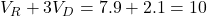 V_R + 3V_D = 7.9 + 2.1 = 10