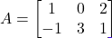 A = \begin{bmatrix} 1 & 0 & 2 \\ -1 & 3 & 1 \end{bmatrix}