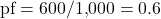 \text{pf} = 600/1{,}000 = 0.6