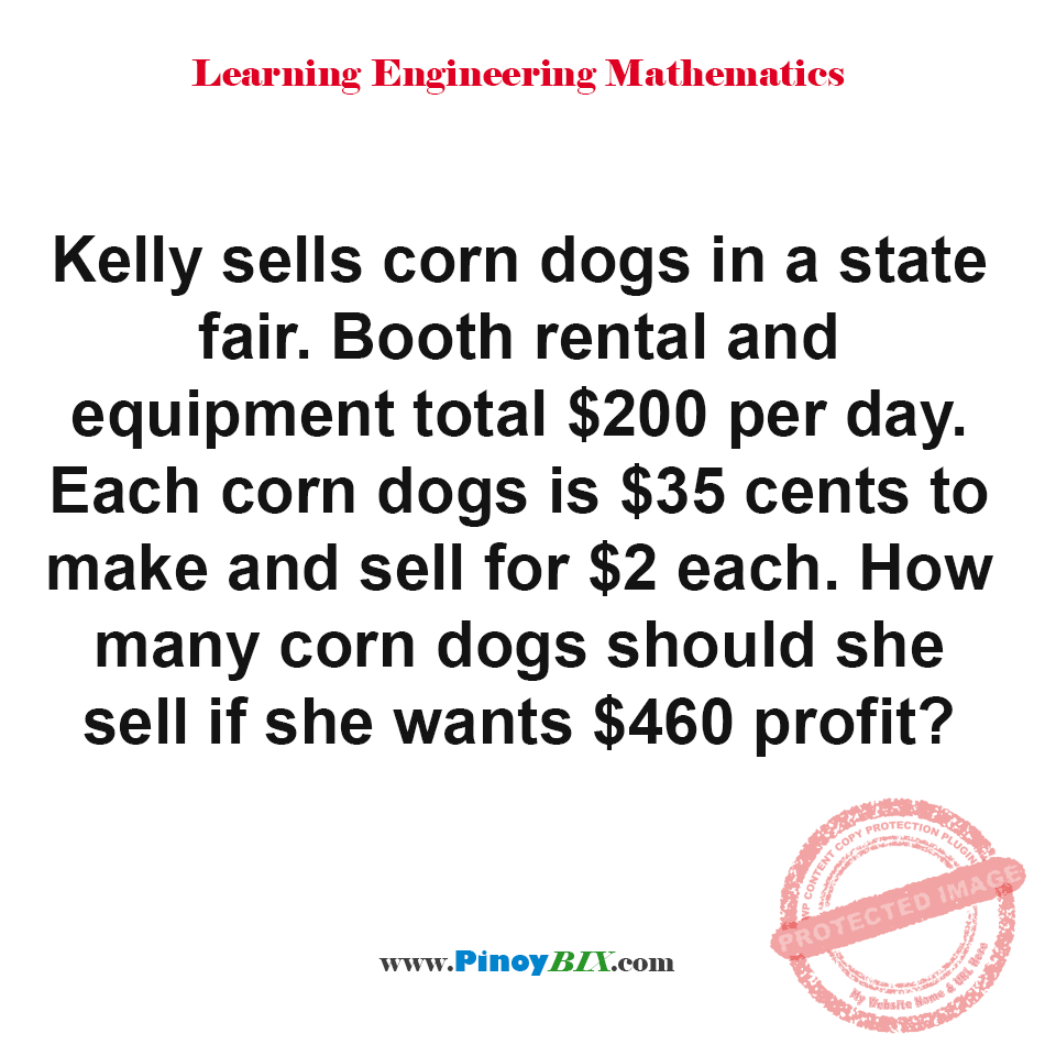 Solution: How many corn dogs should she sell if she wants $460 profit?