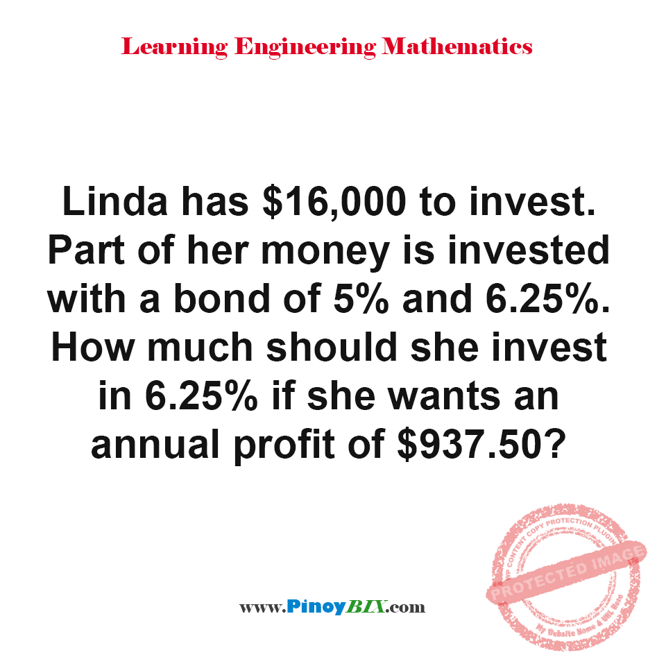 Solution: How much should she invest in 6.25% if she wants an annual profit of $937.50?
