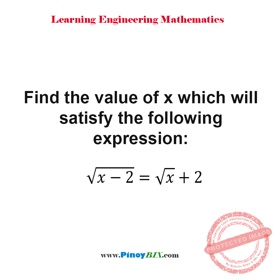 Solution: Find the value of x which will satisfy the following expression: √(x-2)=√x+2