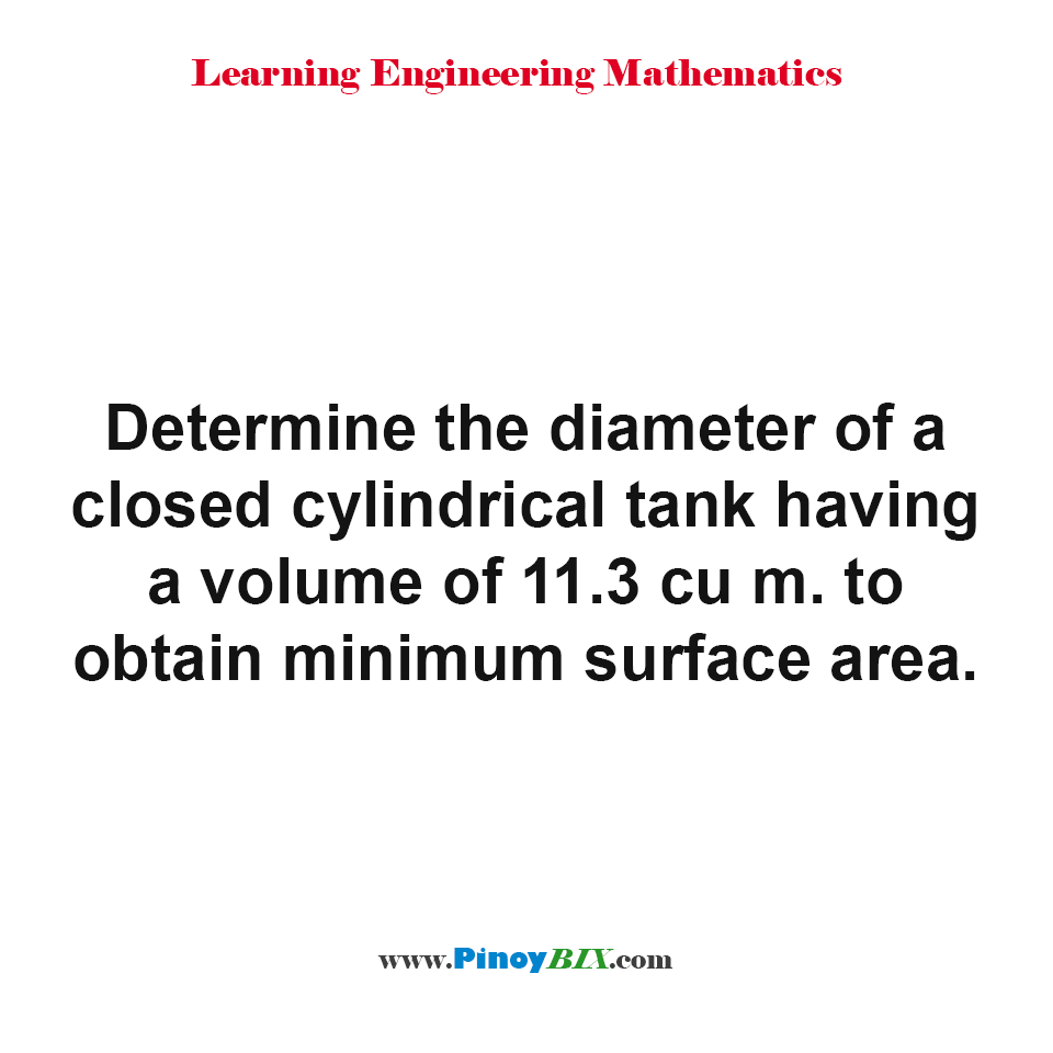 Solution: Determine the diameter of a closed cylindrical tank to obtain minimum surface area
