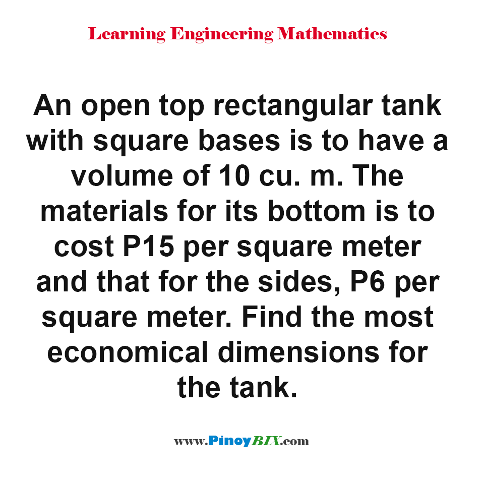 Solution: Find the most economical dimensions for the open top rectangular tank