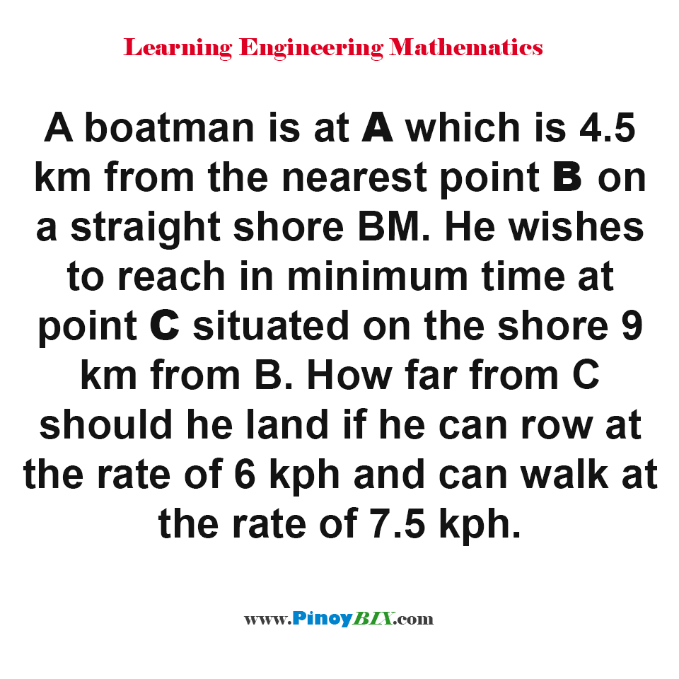 Solution: How far from C should he land if he can row at the rate of 6 kph and can walk at the rate of 7.5 kph