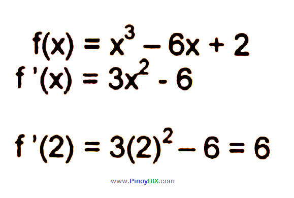 Solution: Given the function f(x) =x^3-6x+2. Find the first derivative at x=2