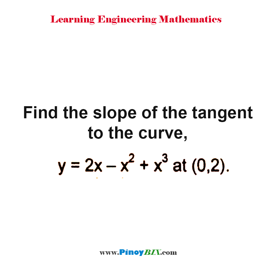 Solution: Find the slope of the tangent to the curve, y=2x–x^2+x^3 at (0, 2)