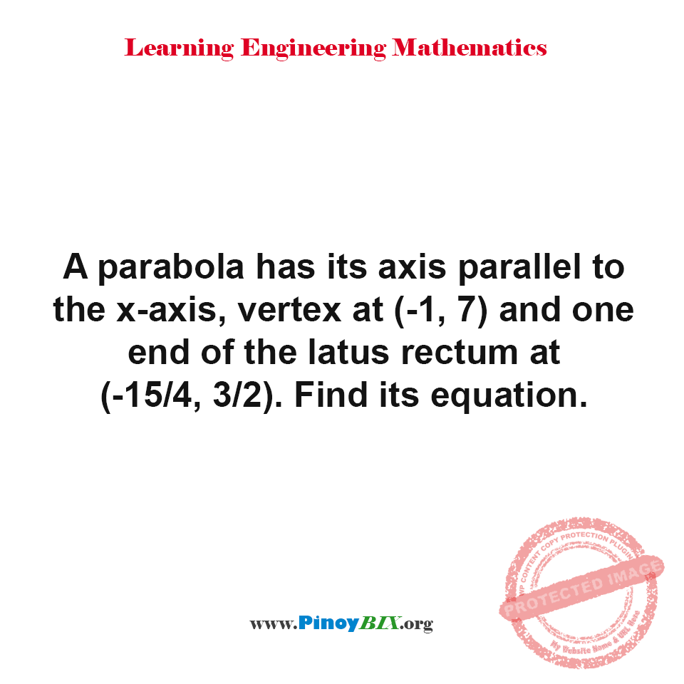 Solution: Find the equation of the parabola given its axis, vertex and latus rectum