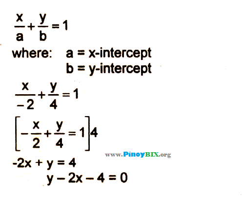 Solution: Find the equation of the line if the x-intercept and y-intercept are -2 and 4