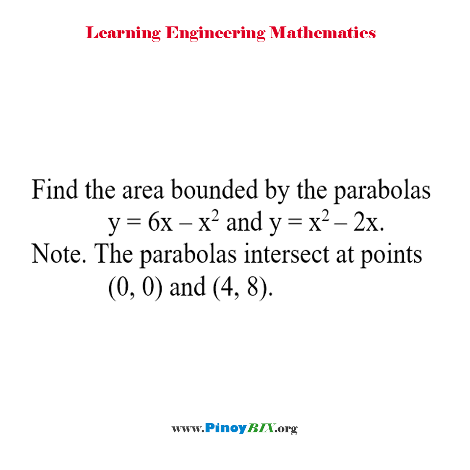 Solution: Find the area bounded by the parabolas y=6x–x^2 and y=x^2–2x.