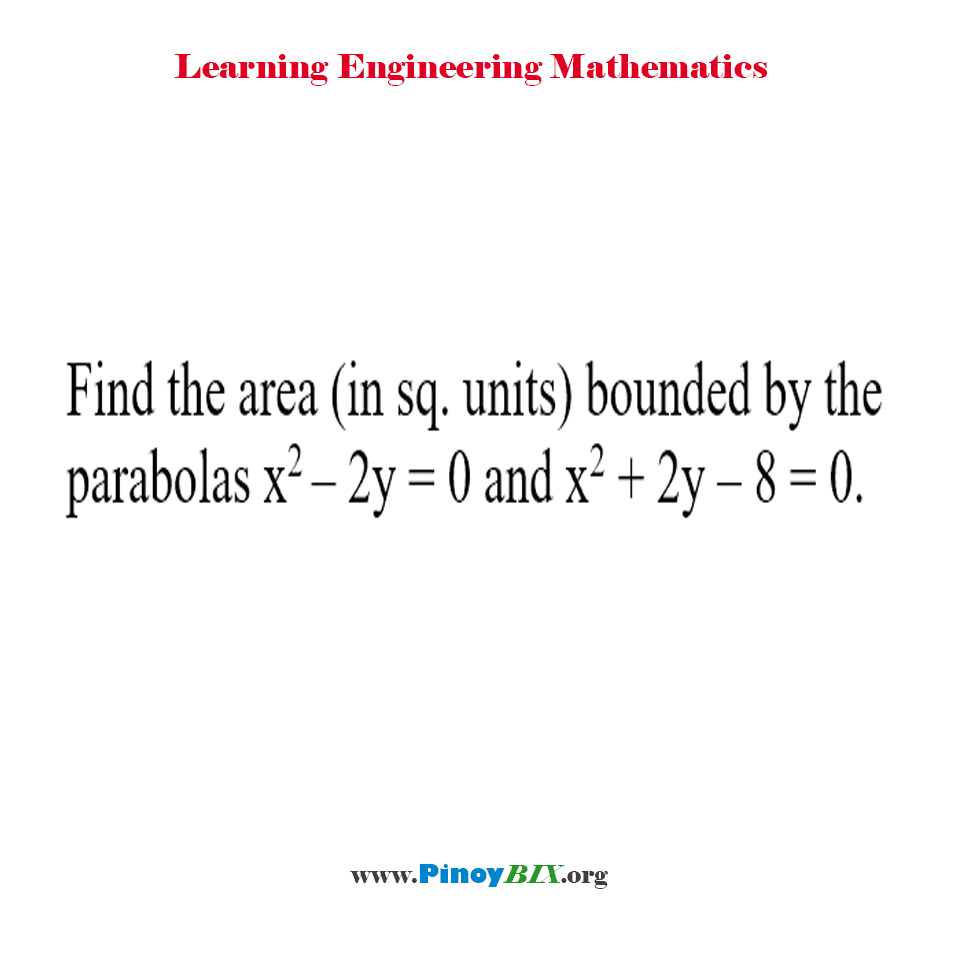 Solution: Find the area bounded by the parabolas x^2 – 2y = 0 and x^2 + 2y – 8 = 0.