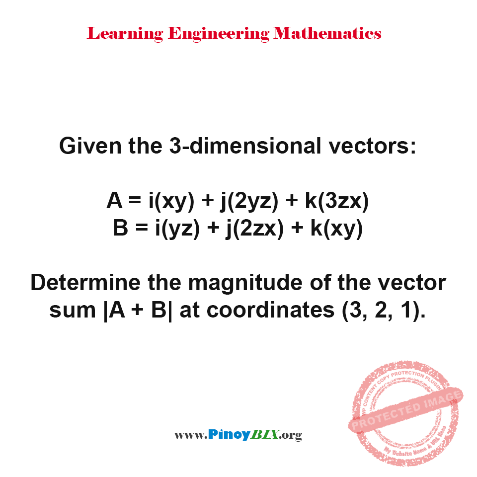 Solution: Determine the magnitude of the vector sum |A + B| at coordinates (3, 2, 1)