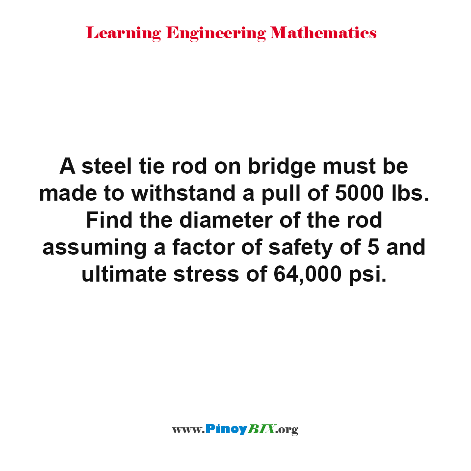Solution: Find the diameter of the rod assuming a factor of safety of 5