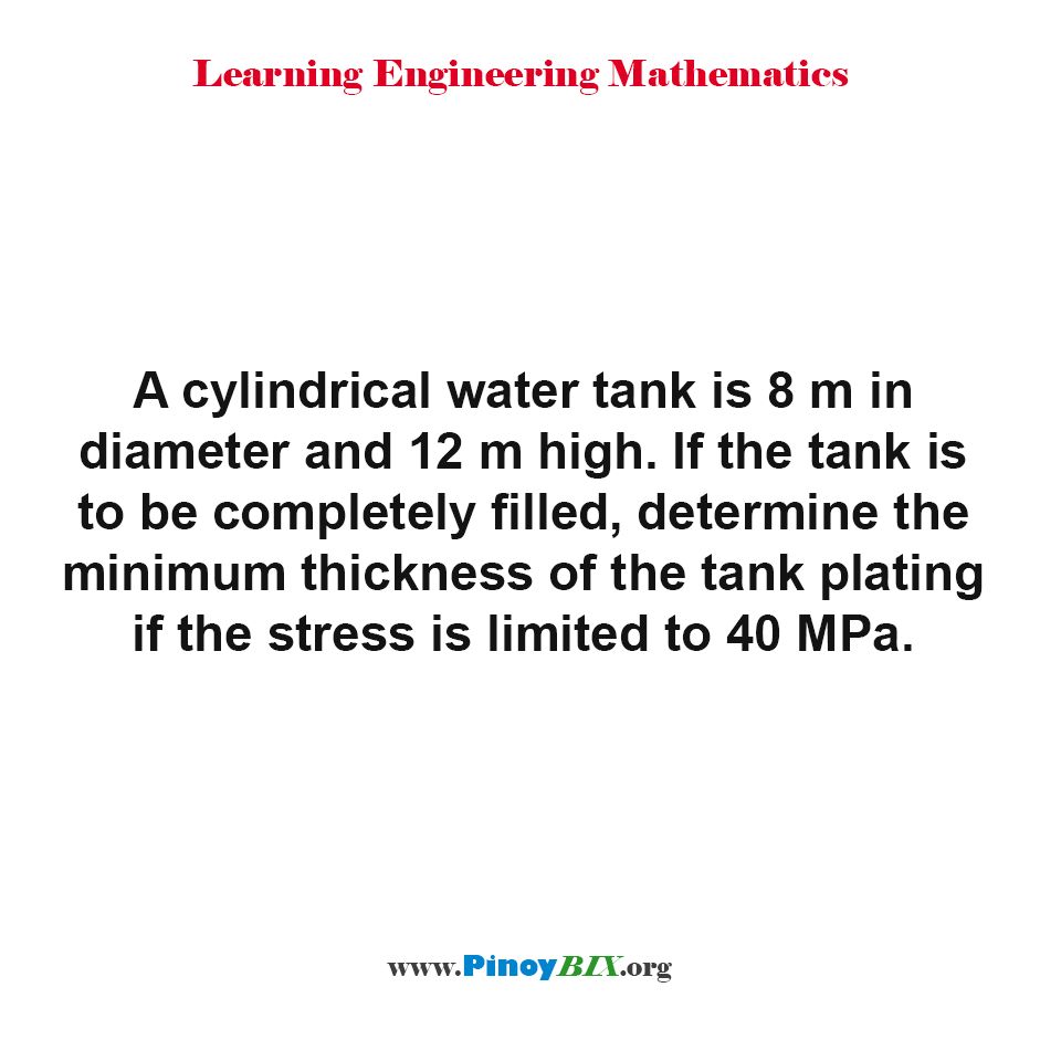 Determine the minimum thickness of the tank plating if the stress is limited to 40 MPa