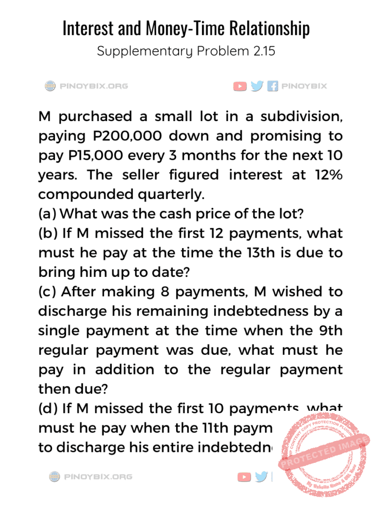 Solution: M purchased a small lot in a subdivision, paying P200,000 down and promising to pay P15,000