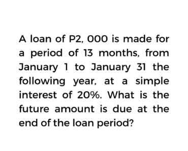 Solution: What is the future amount is due at the end of the loan period? Solution: What is the future amount is due at the end of the loan period?