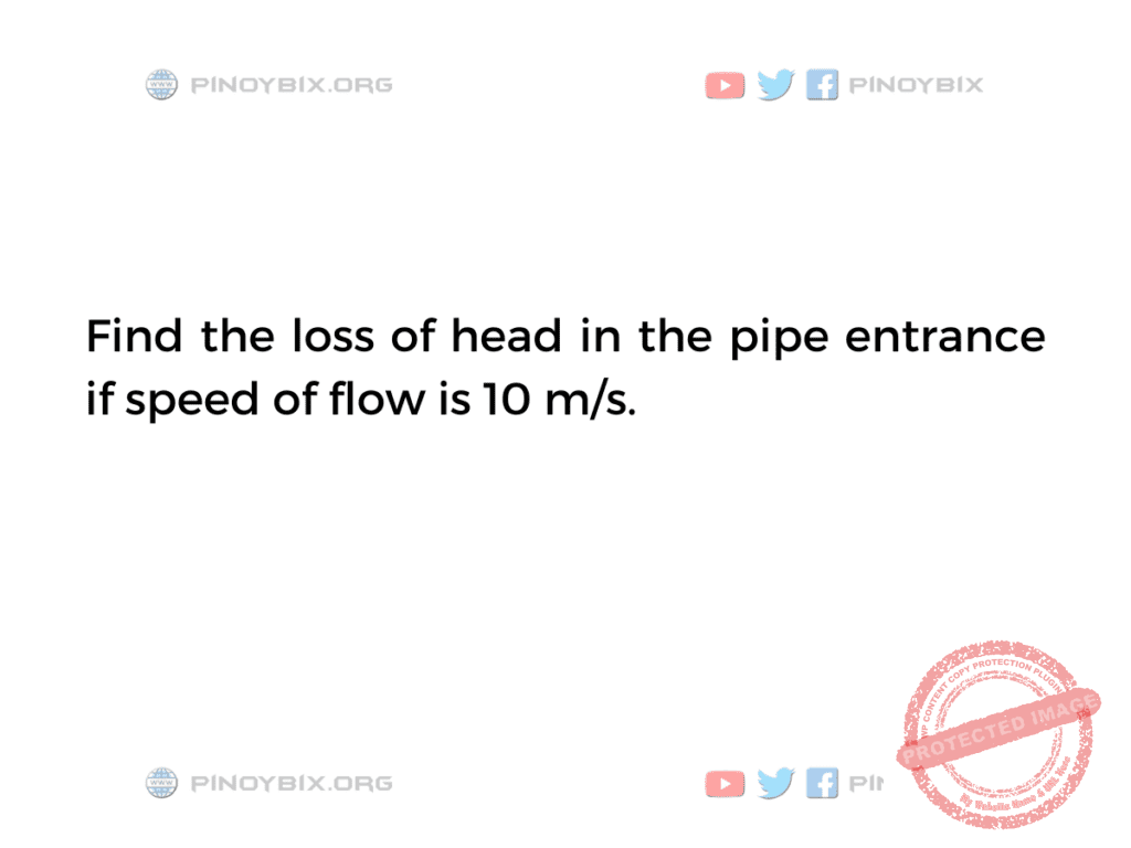 Solution: Find the loss of head in the pipe entrance if speed of flow is 10 m/s