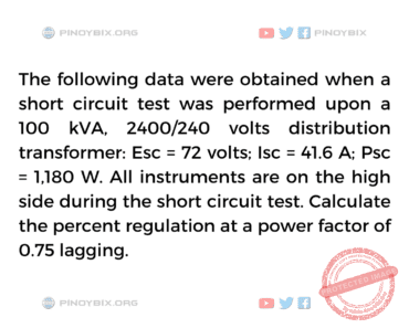 Solution: Calculate the percent regulation at a power factor of 0.75 lagging