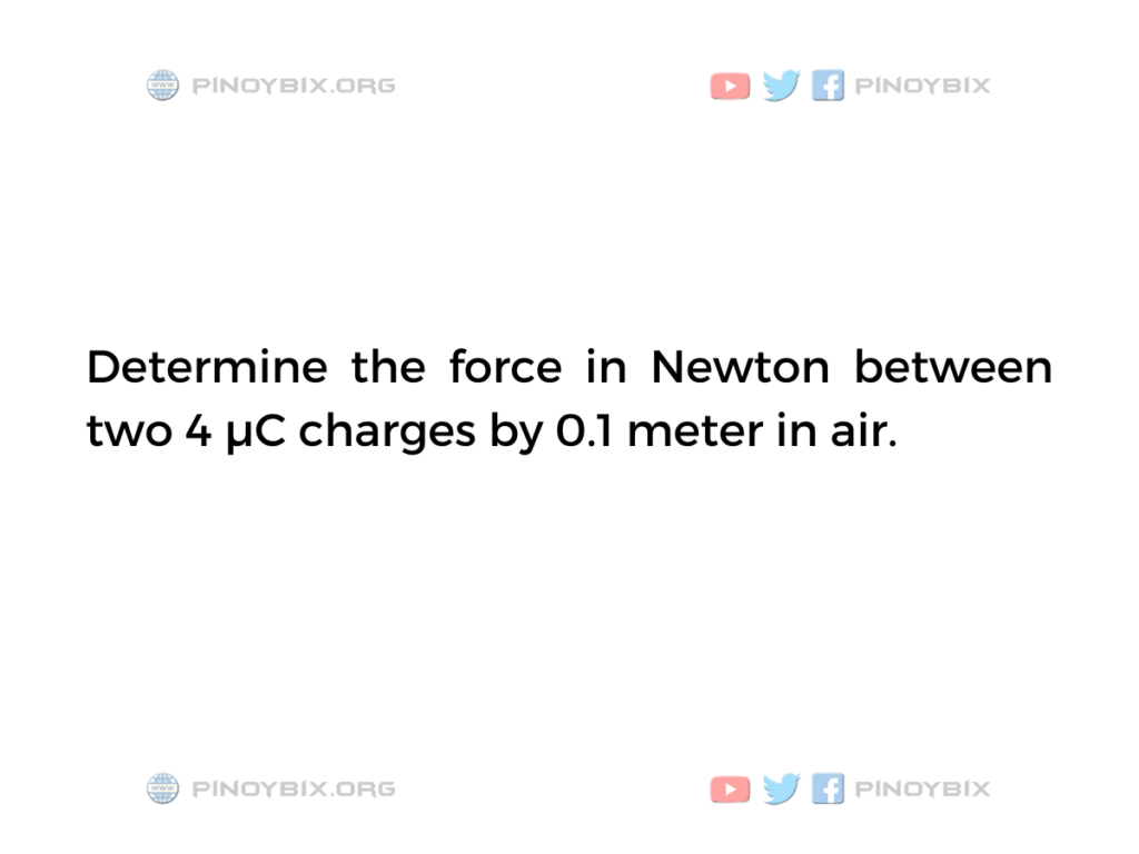 Solution: Determine the force in Newton between two 4 µC charges by 0.1 meter