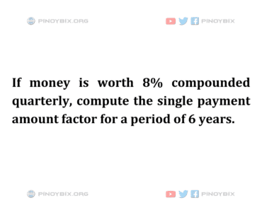 Solution: Compute the single payment amount factor for a period of 6 years Solution: Compute the single payment amount factor for a period of 6 years