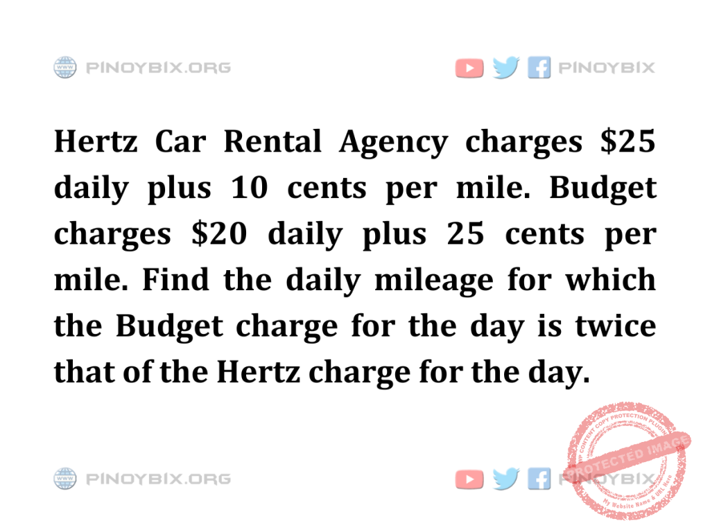 Solution: Find the daily mileage for which the Budget charge for the day is twice