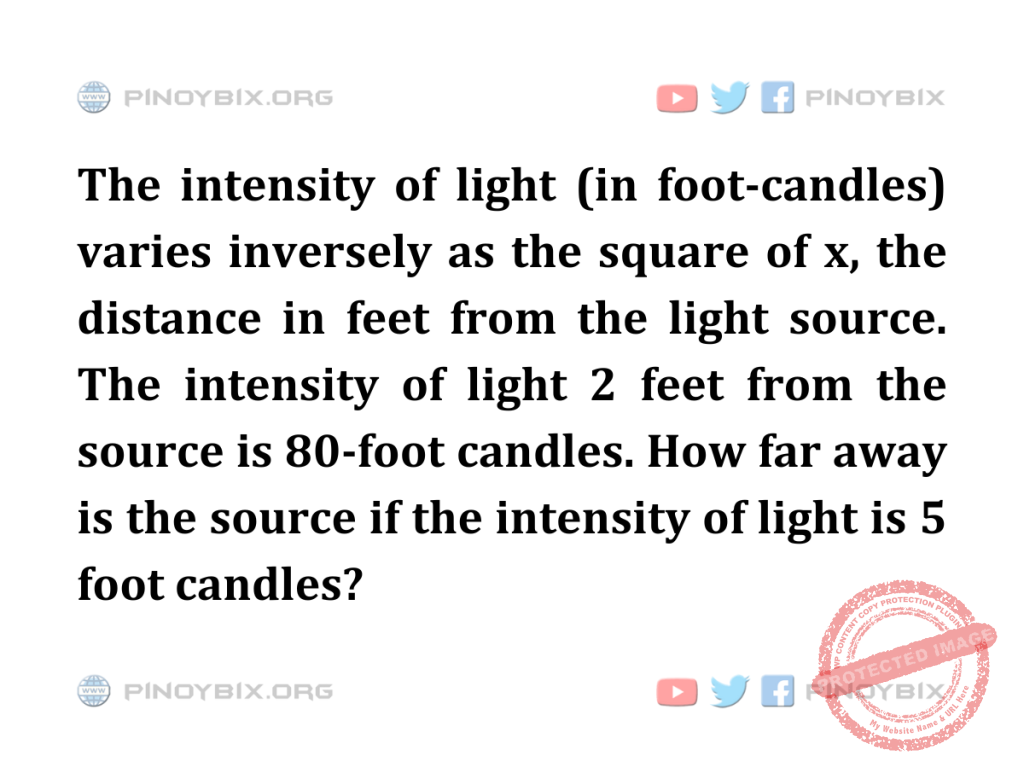 Solution: How far away is the source if the intensity of light is 5 foot candles?