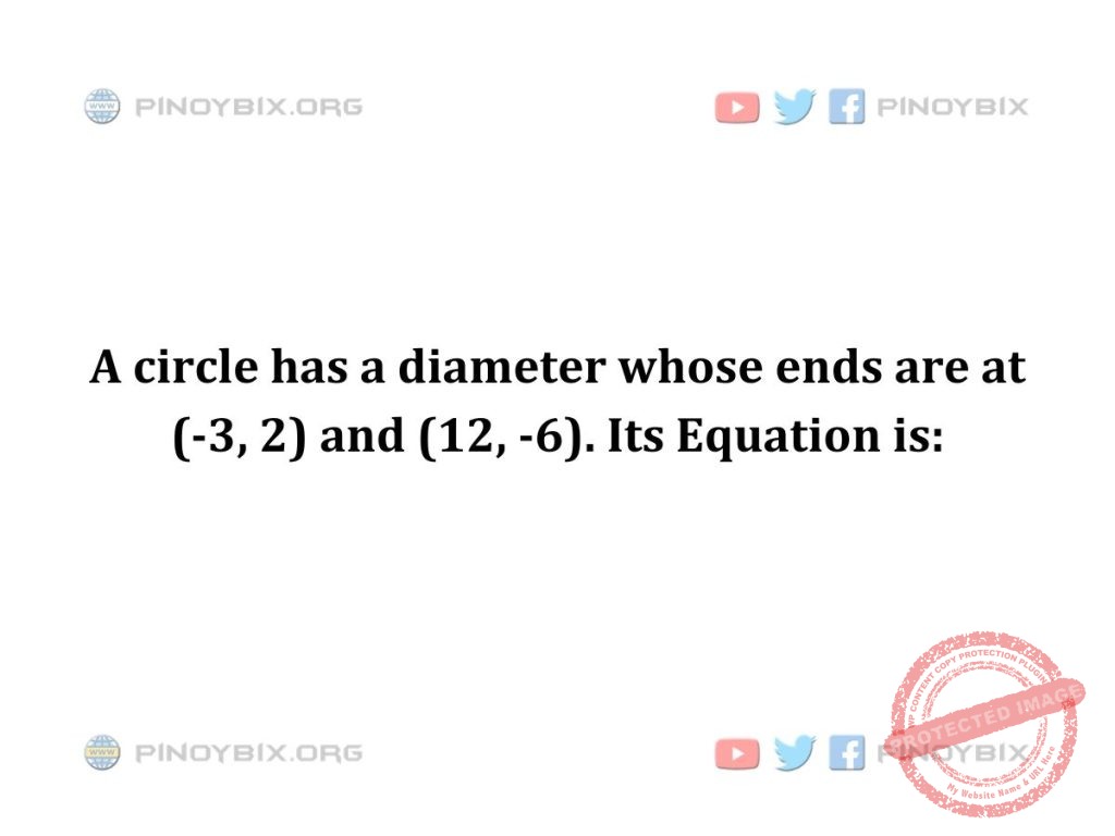 Solution: A circle has a diameter whose ends are at (-3, 2) and (12, -6). Its Equation is
